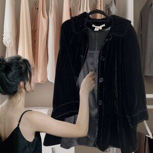 Vintage Black Velvet Evening Coat, Silk Rayon Mix, Dramatic, Romantic, Theatre